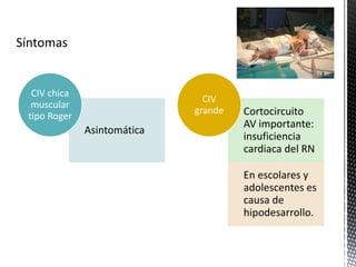 CIV chica 
muscular 
tipo Roger Cortocircuito 
Asintomática 
AV importante: 
insuficiencia 
cardiaca del RN 
En escolares y 
adolescentes es 
causa de 
hipodesarrollo. 
CIV 
grande 
 