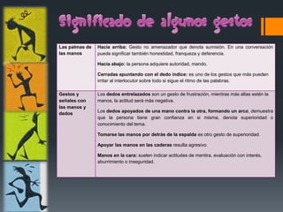 Las palmas de   Hacia arriba: Gesto no amenazador que denota sumisión. En una conversación
las manos       puede significar también honestidad, franqueza y deferencia.

                Hacia abajo: la persona adquiere autoridad, mando.

                Cerradas apuntando con el dedo índice: es uno de los gestos que más pueden
                irritar al interlocutor sobre todo si sigue el ritmo de las palabras.

Gestos y        Los dedos entrelazados son un gesto de frustración, mientras más altas estén la
señales con     manos, la actitud será más negativa.
las manos y
                Los dedos apoyados de una mano contra la otra, formando un arco, demuestra
dedos
                que la persona tiene gran confianza en si misma, denota superioridad o
                conocimiento del tema.

                Tomarse las manos por detrás de la espalda es otro gesto de superioridad.

                Apoyar las manos en las caderas resulta agresivo.

                Manos en la cara: suelen indicar actitudes de mentira, evaluación con interés,
                aburrimiento o inseguridad.
 