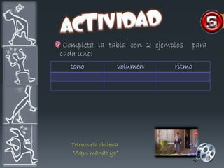 Completa la tabla con 2 ejemplos   para
cada uno:
  tono              volumen   ritmo




   Telenovela chilena
   “Aquí mando yo”
 