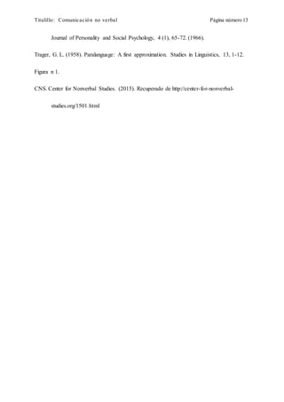 Titulillo: Comunicación no verbal Página número 13
Journal of Personality and Social Psychology, 4 (1), 65-72. (1966).
Trager, G. L. (1958). Paralanguage: A first approximation. Studies in Linguistics, 13, 1-12.
Figura n 1.
CNS. Center for Nonverbal Studies. (2015). Recuperado de http://center-for-nonverbal-
studies.org/1501.html
 