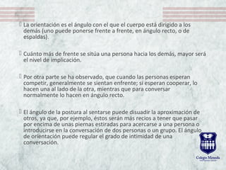  La orientación es el ángulo con el que el cuerpo está dirigido a los
demás (uno puede ponerse frente a frente, en ángulo recto, o de
espaldas).
 Cuánto más de frente se sitúa una persona hacia los demás, mayor será
el nivel de implicación.
 Por otra parte se ha observado, que cuando las personas esperan
competir, generalmente se sientan enfrente; si esperan cooperar, lo
hacen una al lado de la otra, mientras que para conversar
normalmente lo hacen en ángulo recto.
 El ángulo de la postura al sentarse puede disuadir la aproximación de
otros, ya que, por ejemplo, éstos serán más recios a tener que pasar
por encima de unas piernas estiradas para acercarse a una persona o
introducirse en la conversación de dos personas o un grupo. El ángulo
de orientación puede regular el grado de intimidad de una
conversación.
 