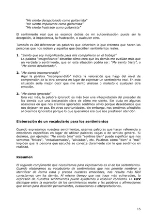“Me siento decepcionado como guitarrista”
      “Me siento impaciente como guitarrista”
      “Me siento frustrado como guitarrista”

El sentimiento real que se esconde detrás de mi autoevaluación puede ser la
decepción, la impaciencia, la frustración, o cualquier otro.

También es útil diferenciar las palabras que describen lo que creemos que hacen las
personas que nos rodean y aquellas que describen sentimientos reales.

1. “Siento que soy insignificante para mis compañeros en el trabajo”
   La palabra “insignificante” describe cómo creo que los demás me evalúan más que
   un verdadero sentimiento, que en esta situación podría ser: “Me siento triste”, o
   “Me siento desalentado”.

2. “Me siento incomprendido”
   Aquí la palabra “incomprendido” indica la valoración que hago del nivel de
   comprensión de la otra persona en lugar de expresar un sentimiento real. En esta
   situación sería mejor decir que me siento ansioso o molesto o cualquier otra
   emoción.

3. “Me siento ignorado”
   Una vez más, la palabra ignorado es más bien una interpretación del proceder de
   los demás que una declaración clara de cómo me siento. Sin duda en algunas
   ocasiones en que nos creímos ignorados sentimos alivio porque deseábamos que
   nos dejasen en paz. En otras oportunidades, sin embargo, nos sentimos ofendidos
   al creernos ignorados porque lo que queríamos era que nos prestasen atención.


Elaboración de un vocabulario para los sentimientos

Cuando expresamos nuestros sentimientos, usemos palabras que hacen referencia a
emociones específicas en lugar de utilizar palabras vagas o de sentido general. Si
decimos, por ejemplo: “Me siento bien” este “sentirse bien” puede significar que nos
sentimos “felices”, “entusiasmados”, “aliviados”, etc. Palabras como “bien” o “mal”
impiden que la persona que escucha se conecte claramente con lo que sentimos en
realidad.


Resumen

El segundo componente que necesitamos para expresarnos es el de los sentimientos.
Cuando elaboramos su vocabulario de sentimientos que nos permite nombrar o
identificar de forma clara y precisa nuestras emociones, nos resulta más fácil
conectarnos con los demás. Al mismo tiempo que nos hace más vulnerables, la
expresión de nuestros sentimientos puede ayudarnos a resolver conflictos. La CNV
distingue entre la expresión de los sentimientos reales y las palabras o afirmaciones
que sirven para describir pensamientos, evaluaciones e interpretaciones.




                                                                                  15
 