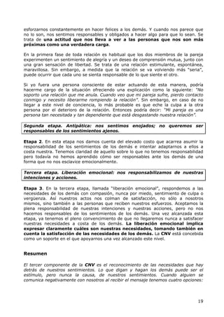 esforzarnos constantemente en hacer felices a los demás. Y cuando nos parece que
no lo son, nos sentimos responsables y obligados a hacer algo para que lo sean. Se
trata de una actitud que nos lleva a ver a las personas que nos son más
próximas como una verdadera carga.

En la primera fase de toda relación es habitual que los dos miembros de la pareja
experimenten un sentimiento de alegría y un deseo de comprensión mutua, junto con
una gran sensación de libertad. Se trata de una relación estimulante, espontánea,
maravillosa. Sin embargo, a medida que la relación se va volviendo más “seria”,
puede ocurrir que cada uno se sienta responsable de lo que siente el otro.

Si yo fuera una persona consciente de estar actuando de esta manera, podría
hacerme cargo de la situación ofreciendo una explicación como la siguiente: “No
soporto una relación que me anula. Cuando veo que mi pareja sufre, pierdo contacto
conmigo y necesito liberarme rompiendo la relación”. Sin embargo, en caso de no
llegar a este nivel de conciencia, lo más probable es que eche la culpa a la otra
persona por el deterioro de la relación. Entonces podría decir: “Mi pareja es una
persona tan necesitada y tan dependiente que está desgastando nuestra relación”.

Segunda etapa. Antipática: nos sentimos enojados; no queremos ser
responsables de los sentimientos ajenos.

Etapa 2. En esta etapa nos damos cuenta del elevado costo que acarrea asumir la
responsabilidad de los sentimientos de los demás e intentar adaptarnos a ellos a
costa nuestra. Tenemos claridad de aquello sobre lo que no tenemos responsabilidad
pero todavía no hemos aprendido cómo ser responsables ante los demás de una
forma que no nos esclavice emocionalmente.

Tercera etapa. Liberación emocional: nos responsabilizamos de nuestras
intenciones y acciones.

Etapa 3. En la tercera etapa, llamada “liberación emocional”, respondemos a las
necesidades de los demás con compasión, nunca por miedo, sentimiento de culpa o
vergüenza. Así nuestros actos nos colman de satisfacción, no sólo a nosotros
mismos, sino también a las personas que reciben nuestros esfuerzos. Aceptamos la
plena responsabilidad de nuestras intenciones y nuestras acciones, pero no nos
hacemos responsables de los sentimientos de los demás. Una vez alcanzada esta
etapa, ya tenemos el pleno convencimiento de que no llegaremos nunca a satisfacer
nuestras necesidades a costa de los demás. La liberación emocional implica
expresar claramente cuáles son nuestras necesidades, tomando también en
cuenta la satisfacción de las necesidades de los demás. La CNV está concebida
como un soporte en el que apoyarnos una vez alcanzado este nivel.


Resumen

El tercer componente de la CNV es el reconocimiento de las necesidades que hay
detrás de nuestros sentimientos. Lo que digan y hagan los demás puede ser el
estímulo, pero nunca la causa, de nuestros sentimientos. Cuando alguien se
comunica negativamente con nosotros al recibir el mensaje tenemos cuatro opciones:




                                                                               19
 