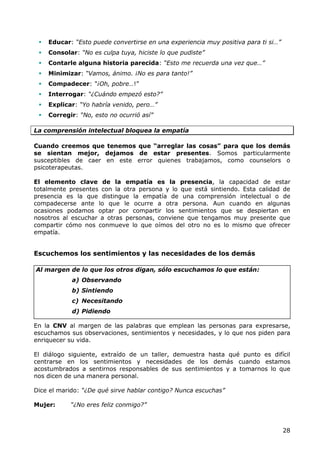    Educar: “Esto puede convertirse en una experiencia muy positiva para ti si…”
    Consolar: “No es culpa tuya, hiciste lo que pudiste”
    Contarle alguna historia parecida: “Esto me recuerda una vez que…”
    Minimizar: “Vamos, ánimo. ¡No es para tanto!”
    Compadecer: “¡Oh, pobre…!”
    Interrogar: “¿Cuándo empezó esto?”
    Explicar: “Yo habría venido, pero…”
    Corregir: “No, esto no ocurrió así”

La comprensión intelectual bloquea la empatía

Cuando creemos que tenemos que “arreglar las cosas” para que los demás
se sientan mejor, dejamos de estar presentes. Somos particularmente
susceptibles de caer en este error quienes trabajamos, como counselors o
psicoterapeutas.

El elemento clave de la empatía es la presencia, la capacidad de estar
totalmente presentes con la otra persona y lo que está sintiendo. Esta calidad de
presencia es la que distingue la empatía de una comprensión intelectual o de
compadecerse ante lo que le ocurre a otra persona. Aun cuando en algunas
ocasiones podamos optar por compartir los sentimientos que se despiertan en
nosotros al escuchar a otras personas, conviene que tengamos muy presente que
compartir cómo nos conmueve lo que oímos del otro no es lo mismo que ofrecer
empatía.


Escuchemos los sentimientos y las necesidades de los demás

Al margen de lo que los otros digan, sólo escuchamos lo que están:
            a) Observando
            b) Sintiendo
            c) Necesitando
            d) Pidiendo

En la CNV al margen de las palabras que emplean las personas para expresarse,
escuchamos sus observaciones, sentimientos y necesidades, y lo que nos piden para
enriquecer su vida.

El diálogo siguiente, extraído de un taller, demuestra hasta qué punto es difícil
centrarse en los sentimientos y necesidades de los demás cuando estamos
acostumbrados a sentirnos responsables de sus sentimientos y a tomarnos lo que
nos dicen de una manera personal.

Dice el marido: “¿De qué sirve hablar contigo? Nunca escuchas”

Mujer:      “¿No eres feliz conmigo?”



                                                                                    28
 
