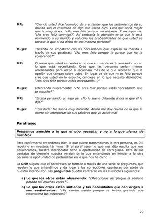 MR:         “Cuando usted dice „conmigo‟ da a entender que los sentimientos de su
            marido son el resultado de algo que usted hizo. Creo que sería mejor
            que le preguntara: ‟¿No eres feliz porque necesitarías…?‟ en lugar de:
            „¿No eres feliz conmigo?‟. Así centraría la atención en lo que le está
            ocurriendo a su marido y reduciría las probabilidades de que usted se
            tomase lo que él ha dicho de una manera personal”

Mujer:      Tratando de empatizar con las necesidades que expresa su marido a
            través de sus palabras: “¿No eres feliz porque te parece que no te
            comprendo?”

MR:         Observe que usted se centra en lo que su marido está pensando, no en
            lo que está necesitando. Creo que las personas serían menos
            amenazantes para usted si escuchara más de lo que necesitan que la
            opinión que tengan sobre usted. En lugar de oír que no es feliz porque
            cree que usted no lo escucha, céntrese en lo que necesita diciéndole:
            “¿No eres feliz porque estás necesitando…?”

Mujer:      Intentando nuevamente: “¿No eres feliz porque estás necesitando que
            te escuche?”

MR:         “Estaba pensando en algo así. ¿No le suena diferente ahora lo que él le
            dijo?”

Mujer:      “¡Sin duda! Me suena muy diferente. Ahora me doy cuenta de lo que le
            ocurre sin interpretar de sus palabras que yo actué mal”


Parafraseo

Prestemos atención a lo que el otro necesita, y no a lo que piensa de
nosotros

Para confirmar si entendimos bien lo que quiere transmitirnos la otra persona, es útil
repetirlo en nuestros términos. Si al parafrasear lo que nos dijo resulta que nos
equivocamos, nuestro interlocutor tiene la oportunidad de corregirnos. Otra de las
ventajas de ofrecerle nuestra versión de lo que entendimos en brindar a la otra
persona la oportunidad de profundizar en lo que nos ha dicho.

La CNV sugiere que el parafraseo se formule a través de una serie de preguntas, que
revelan lo que entendimos y da lugar a las correcciones oportunas por parte de
nuestro interlocutor. Las preguntas pueden centrarse en las cuestiones siguientes:

   a) Lo que los otros están observando: “¿Reaccionas así porque la semana
      pasada salí muchas veces?”.
   b) Lo que los otros están sintiendo y las necesidades que dan origen a
      sus sentimientos: “¿Te sientes herido porque te habría gustado que
      reconociera tus esfuerzos?”




                                                                                   29
 
