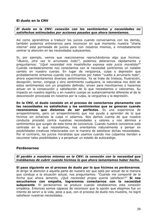 El duelo en la CNV

El duelo en la CNV: conexión con los sentimientos y necesidades no
satisfechas estimulados por acciones pasadas que ahora lamentamos.

Así como aprendimos a traducir los juicios cuando conversamos con los demás,
también podemos entrenarnos para reconocer en qué momento nuestra “charla
interna” está permeada de juicios para con nosotros mismos, e inmediatamente
centrar la atención en las necesidades subyacentes.

Si, por ejemplo, vemos que reaccionamos reprochándonos algo que hicimos:
“¡Bueno, otra vez lo arruinaste todo!”, podemos detenernos rápidamente y
preguntarnos: “¿Qué necesidad mía insatisfecha expresa este juicio moralista?”
Cuando verdaderamente nos conectamos con la necesidad sentiremos un notable
cambio en nuestro cuerpo. En lugar de vergüenza, culpa o depresión que
probablemente sintamos cuando nos criticamos por haber “vuelto a arruinarlo todo”,
ahora experimentaremos diversos sentimientos. Ya se trate de tristeza, frustración,
decepción, temor, congoja y otro sentimiento cualquiera, la naturaleza nos dotó de
estos sentimientos con un propósito definido: sirven para movilizarnos y hacernos
actuar en la consecución y satisfacción de lo que necesitamos o valoramos. Su
impacto en nuestro espíritu y en nuestro cuerpo es sustancialmente diferente al de la
desconexión provocada en nosotros por la culpa, la vergüenza y la depresión.

En la CNV, el duelo consiste en el proceso de conectarnos plenamente con
las necesidades no satisfechas y los sentimientos que se generan cuando
reconocemos que distamos de ser perfectos. Es una experiencia de
arrepentimiento, pero un arrepentimiento que nos ayuda a aprender de lo que
hicimos sin echarnos la culpa ni odiarnos. Nos damos cuenta de que nuestra
conducta procedió contra nuestras necesidades y valores y nos abrimos a
sentimientos que surgen de esta toma de conciencia. Cuando nuestra conciencia está
centrada en lo que necesitamos, nos orientamos naturalmente a pensar en
posibilidades creativas relacionadas con la manera de satisfacer dichas necesidades.
Por el contrario, los juicios moralistas que usamos cuando nos culpamos tienden a
oscurecer tales posibilidades y a perpetuar un estado de autocastigo.


Perdonarnos

El perdón a nosotros mismos en la CNV: la conexión con la necesidad que
tratábamos de cubrir cuando hicimos lo que ahora lamentamos haber hecho.

El paso siguiente en el proceso de duelo por lo que hicimos es perdonarnos.
Al dirigir la atención a aquella parte de nuestro ser que optó por actuar de la manera
que condujo a la situación actual, nos preguntamos: “Cuando me comporté de la
forma que ahora lamento, ¿Qué necesidad propia quería satisfacer?” Si nos
escuchamos con empatía, lograremos conectarnos con la necesidad
subyacente. El perdonarnos se produce cuando establecemos esta conexión
empática. Entonces somos capaces de reconocer que la opción que elegimos fue un
intento de servir a la vida, pese a que, con el proceso de duelo nos muestra, no logró
satisfacer nuestras necesidades.



                                                                                   39
 