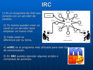IRC 1) Es un programa de chat que conecta con un servidor de canales. 2) Tú mismo puedes crear un canal en un servidor para empezar un nuevo chat. 3) Cada canal se diferencia por su tema. 4)  mIRC  es el programa más utilizado para este tipo de comunicación. 5) En  IRC  puedes ejecutar algunos scripts o comandos de acciones. 