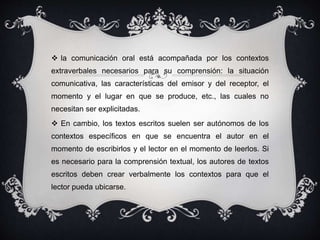  la comunicación oral está acompañada por los contextos 
extraverbales necesarios para su comprensión: la situación 
comunicativa, las características del emisor y del receptor, el 
momento y el lugar en que se produce, etc., las cuales no 
necesitan ser explicitadas. 
 En cambio, los textos escritos suelen ser autónomos de los 
contextos específicos en que se encuentra el autor en el 
momento de escribirlos y el lector en el momento de leerlos. Si 
es necesario para la comprensión textual, los autores de textos 
escritos deben crear verbalmente los contextos para que el 
lector pueda ubicarse. 
 