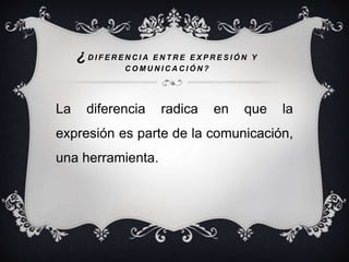 ¿D I F E R E N C I A E N T R E E X P R E S IÓN Y 
COMU N I C A C IÓN ? 
La diferencia radica en que la 
expresión es parte de la comunicación, 
una herramienta. 
 