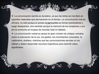  La comunicación escrita es duradera, ya que las letras se inscriben en 
soportes materiales que permanecen en el tiempo. La comunicación oral es 
efímera, no sólo porque el sonido es perceptible en forma momentánea y 
luego desaparece, sino también porque la memoria de los receptores y aun 
de los emisores es incapaz de recordar todo lo hablado. 
 La comunicación verbal se apoya en gran número de códigos verbales 
como la entonación de la voz, los gestos, los movimientos corporales, la 
vestimenta, etcétera, mientras que las comunicaciones escritas no los 
utilizan y deben desarrollar recursos lingüísticos para trasmitir estos 
significados. 
 