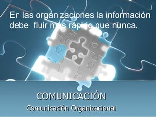 COMUNICACIÓN ComunicaciónOrganizacional En las organizaciones la información  debe  fluir más rápido que nunca. 