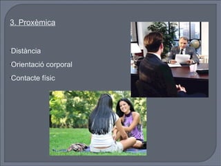3. Proxèmica Distància Orientació corporal Contacte físic 