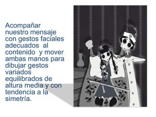 Acompañar
nuestro mensaje
con gestos faciales
adecuados al
contenido y mover
ambas manos para
dibujar gestos
variados
equilibrados de
altura media y con
tendencia a la
simetría.
 