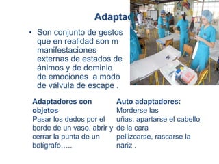 Adaptadores
• Son conjunto de gestos
  que en realidad son m
  manifestaciones
  externas de estados de
  ánimos y de dominio
  de emociones a modo
  de válvula de escape .
Adaptadores con             Auto adaptadores:
objetos                     Morderse las
Pasar los dedos por el      uñas, apartarse el cabello
borde de un vaso, abrir y   de la cara
cerrar la punta de un       pellizcarse, rascarse la
bolígrafo…..                nariz .
 