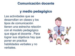 Comunicación docente

           y medio pedagógico
Las actividades que se
desarrollan en clases y los
tipos de comunicación
tienen una estrecha relación
con el modelo pedagógico
que sigue el docente . Para
lograr sus objetivos hay que
poner en practica
habilidades verbales y no
verbales.
 