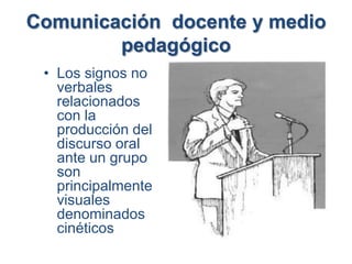 Comunicación docente y medio
        pedagógico
 • Los signos no
   verbales
   relacionados
   con la
   producción del
   discurso oral
   ante un grupo
   son
   principalmente
   visuales
   denominados
   cinéticos
 