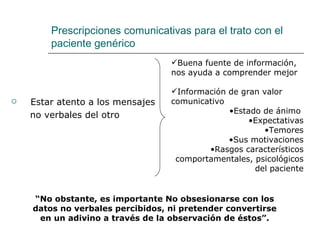 Prescripciones comunicativas para el trato con el
        paciente genérico
                                  Buena fuente de información,
                                  nos ayuda a comprender mejor

                                  Información de gran valor
   Estar atento a los mensajes   comunicativo
                                               •Estado de ánimo
    no verbales del otro
                                                    •Expectativas
                                                       •Temores
                                               •Sus motivaciones
                                          •Rasgos característicos
                                   comportamentales, psicológicos
                                                     del paciente


    “No obstante, es importante No obsesionarse con los
    datos no verbales percibidos, ni pretender convertirse
     en un adivino a través de la observación de éstos”.
 