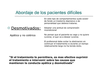 Abordaje de los pacientes difíciles
                         En este tipo de comportamientos suele existir
                         de fondo un trastorno depresivo o de
                         personalidad que debiera tratarse.

   Desmotivados:        Adoptar una actitud de comprensión
                         incondicional

Apático y no colérico    No pensar que el paciente es vago y no quiere
                         curarse; sí que va a desear curarse.

                         El profesional debe evitar la obstinacion en
                         continuar el tratamiento si durante un tiempo
                         relativamente largo no ha tenido éxito.




“Si el tratamiento lo permitiera, es mas efectivo suprimir
el tratamiento e intervenir sobre las causas que
mantienen la conducta apática y desmotivada”
 