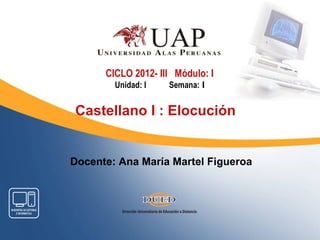 CICLO 2012- III Módulo: I
        Unidad: I   Semana: I


Castellano I : Elocución


Docente: Ana María Martel Figueroa
 