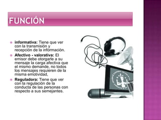 funcióninformativa: Tiene que ver con la transmisión y recepción de la información. Afectivo - valorativa: El emisor debe otorgarle a su mensaje la carga afectiva que el mismo demande, no todos los mensajes requieren de la misma emotividad, Reguladora: Tiene que ver con la regulación de la conducta de las personas con respecto a sus semejantes. 