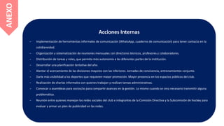 Acciones Internas
- Implementación de herramientas informales de comunicación (WhatsApp, cuaderno de comunicación) para tener contacto en la
cotidianeidad.
- Organización y sistematización de reuniones mensuales con directores técnicos, profesores y colaboradores.
- Distribución de tareas y roles, que permita más autonomía a las diferentes partes de la institución.
- Desarrollar una planificación tentativa del año.
- Alentar el acercamiento de las divisiones mayores con las inferiores. Jornadas de convivencia, entrenamientos conjunto.
- Darle más visibilidad a los deportes que requieren mayor promoción. Mayor presencia en los espacios públicos del club.
- Realización de charlas informales con quienes trabajan y realizan tareas administrativas.
- Convocar a asambleas para socios/as para compartir avances en la gestión. Lo mismo cuando se crea necesario transmitir alguna
problemática.
- Reunión entre quienes manejan las redes sociales del club e integrantes de la Comisión Directiva y la Subcomisión de hockey para
evaluar y armar un plan de publicidad en las redes.
ANEXO
 