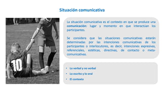 • Lo verbal y no verbal
• Lo escrito y lo oral
• El contexto
Situación comunicativa
La situación comunicativa es el contexto en que se produce una
comunicación: lugar y momento en que interactúan los
participantes.
Se considera que las situaciones comunicativas estarán
determinadas por las intenciones comunicativas de los
participantes o interlocutores, es decir, intenciones expresivas,
referenciales, estéticas, directivas, de contacto o meta-
comunicativas.
 