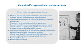Comunicación organizacional: Interna y externa
TIPS para mejorar nuestra comunicación interna:
• Objetivos consensuados; distribución de roles; metas clara y tareas
concretas, mejoran el desempeño y el objetivo colectivo.
• Que todos estén informados de todo. Lo que No significa que todos
estén en todo.
• Mecanismos comunicativos donde todos tengan acceso.
• Cuando los miembros encuentran espacio para expresarse esto el
clima, la cohesión y la participación, y fortalece el funcionamiento
estrechando relaciones y pertenencia al proyecto.
• Centralizar la información en un sitio accesible para todos los miembros
y que esté bien organizado. (Google drive, Dropbox)
• Afianzar todas la vias de comunicación posible. Agil y eficaz. (Mail,
dirección, nro telefónico, whatsapp, grupos de facebook)
• Reuniones informativas.
• Memorias de las reuniones.
 