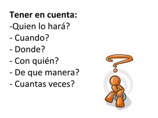 Tener en cuenta:
-Quien lo hará?
- Cuando?
- Donde?
- Con quién?
- De que manera?
- Cuantas veces?
 