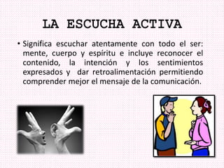 • Significa escuchar atentamente con todo el ser:
mente, cuerpo y espíritu e incluye reconocer el
contenido, la intención y los sentimientos
expresados y dar retroalimentación permitiendo
comprender mejor el mensaje de la comunicación.
 