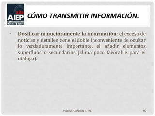Cómo Transmitir Información.Dosificar minuciosamente la información: el exceso de noticias y detalles tiene el doble inconveniente de ocultar lo verdaderamente importante, el añadir elementos superfluos o secundarios (clima poco favorable para el diálogo).Hugo A. González T. Ps.15