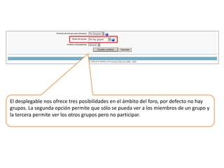 Detalle de las opciones para configurar: grupoEl desplegable nos ofrece tres posibilidades en el ámbito del foro, por defecto no hay grupos. La segunda opción permite que sólo se pueda ver a los miembros de un grupo y la tercera permite ver los otros grupos pero no participar. 