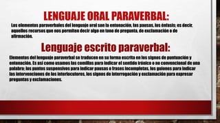 LENGUAJE ORAL PARAVERBAL:
Los elementos paraverbales del lenguaje oral son la entonación, las pausas, los énfasis; es decir,
aquellos recursos que nos permiten decir algo en tono de pregunta, de exclamación o de
afirmación.
Lenguaje escrito paraverbal:
Elementos del lenguaje paraverbal se traducen en su forma escrita en los signos de puntuación y
entonación. Es así como usamos las comillas para indicar el sentido irónico o no convencional de una
palabra; los puntos suspensivos para indicar pausas o frases incompletas, los guiones para indicar
las intervenciones de los interlocutores, los signos de interrogación y exclamación para expresar
preguntas y exclamaciones.
 