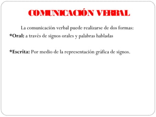 COMUNICACIÓN VERBAL
La comunicación verbal puede realizarse de dos formas:
*Oral: a través de signos orales y palabras habladas
*Escrita: Por medio de la representación gráfica de signos.
 