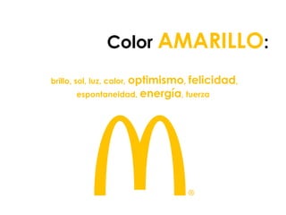 Color AMARILLO:
brillo, sol, luz, calor, optimismo, felicidad,
espontaneidad, energía, fuerza
 