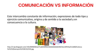 COMUNICACIÓN VS INFORMACIÓN 
Este intercambio constante de información; expresiones de todo tipo y 
ejercicio comunicativo, origina y da sentido a la sociedad y en 
consecuencia a la cultura. 
http://1.bp.blogspot.com/-Wiv9X9WDk3o/TcobS5KRDiI/AAAAAAAAACM/t3vUr8P2EqY/s1600/Cultura 
%252520siempre%255B1%255D.jpg 
