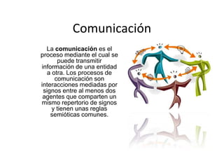 Comunicación La comunicación es el proceso mediante el cual se puede transmitir información de una entidad a otra. Los procesos de comunicación son interacciones mediadas por signos entre al menos dos agentes que comparten un mismo repertorio de signos y tienen unas reglas semióticas comunes. 