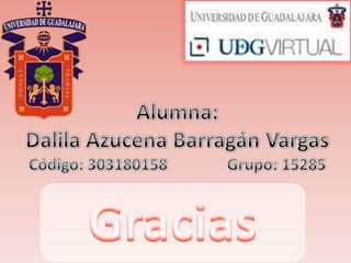 Alumna:Dalila Azucena Barragán VargasCódigo: 303180158               Grupo: 15285Gracias