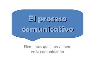 El procesoEl proceso
comunicativocomunicativo
Elementos que intervienen
en la comunicación
 