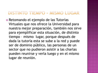 Distinto tiempo – mismo lugarRetomando el ejemplo de las Tutorías Virtuales que nos ofrece la Universidad para nuestra mejor preparación, también nos sirve para ejemplificar esta situación, de distinto tiempo – mismo  lugar, porque después de dada la tutoría esta se sube a la red y puede ser de dominio público, las personas de un sector que no pudieron asistir a las charlas pueden reunirse y verla luego y en el mismo lugar de reunión.