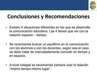 Conclusiones y Recomendaciones
• Existen 4 situaciones diferentes en las que se desarrolla
  la comunicación educativa. Las 4 tienen que ver con la
  relación espacio – tiempo.

• Se recomienda buscar un equilibrio en la comunicación
  con los alumnos o con los docentes, según sea el caso.
  se debe tratar de intercaladamente coincidir en tiempo y
  en espacio.

• A nivel colegial se recomienda siempre usar la relación
  “mismo tiempo-mismo lugar”.
 
