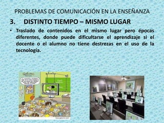 PROBLEMAS DE COMUNICACIÓN EN LA ENSEÑANZA
3.   DISTINTO TIEMPO – MISMO LUGAR
• Traslado de contenidos en el mismo lugar pero épocas
  diferentes, donde puede dificultarse el aprendizaje si el
  docente o el alumno no tiene destrezas en el uso de la
  tecnología.
 