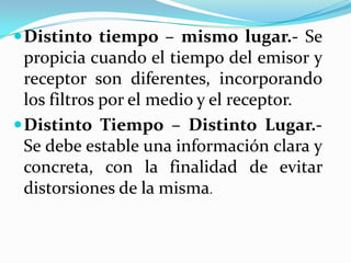  Distinto tiempo – mismo lugar.- Se
  propicia cuando el tiempo del emisor y
  receptor son diferentes, incorporando
  los filtros por el medio y el receptor.
 Distinto Tiempo – Distinto Lugar.-
  Se debe estable una información clara y
  concreta, con la finalidad de evitar
  distorsiones de la misma.
 