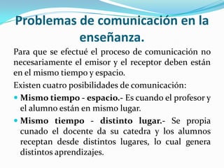 Problemas de comunicación en la
          enseñanza.
Para que se efectué el proceso de comunicación no
necesariamente el emisor y el receptor deben están
en el mismo tiempo y espacio.
Existen cuatro posibilidades de comunicación:
 Mismo tiempo - espacio.- Es cuando el profesor y
  el alumno están en mismo lugar.
 Mismo tiempo - distinto lugar.- Se propia
  cunado el docente da su catedra y los alumnos
  receptan desde distintos lugares, lo cual genera
  distintos aprendizajes.
 