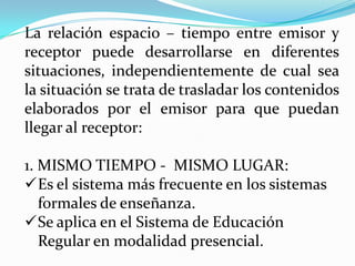 La relación espacio – tiempo entre emisor y receptor puede desarrollarse en diferentes situaciones, independientemente de cual sea la situación se trata de trasladar los contenidos elaborados por el emisor para que puedan llegar al receptor:1. MISMO TIEMPO -  MISMO LUGAR:Es el sistema más frecuente en los sistemas formales de enseñanza.