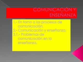 COMUNICACIÓN Y ENSEÑANZA 1.- En torno a los procesos de comunicación. 2.- Comunicación y enseñanza. 2.1.- Problemas de comunicación en la enseñanza. 