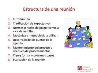 Estructura de una reunión
1. Introducción.
2. Clarificación de expectativas.
3. Normas o reglas de juego (como se
va a desarrollar).
4. Mecánica y metodología a utilizar.
5. Desarrollo de los puntos de la
agenda.
6. Mantenimiento del proceso y
chequeo de procedimientos.
7. Cierre formal y próximos pasos.
8. Evaluación de la reunión.

 