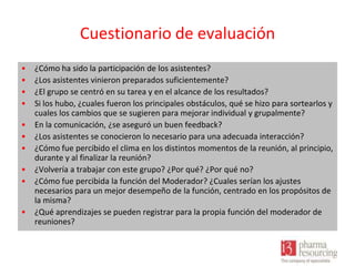 Cuestionario de evaluación
•
•
•
•
•
•
•
•
•

•

¿Cómo ha sido la participación de los asistentes?
¿Los asistentes vinieron preparados suficientemente?
¿El grupo se centró en su tarea y en el alcance de los resultados?
Si los hubo, ¿cuales fueron los principales obstáculos, qué se hizo para sortearlos y
cuales los cambios que se sugieren para mejorar individual y grupalmente?
En la comunicación, ¿se aseguró un buen feedback?
¿Los asistentes se conocieron lo necesario para una adecuada interacción?
¿Cómo fue percibido el clima en los distintos momentos de la reunión, al principio,
durante y al finalizar la reunión?
¿Volvería a trabajar con este grupo? ¿Por qué? ¿Por qué no?
¿Cómo fue percibida la función del Moderador? ¿Cuales serían los ajustes
necesarios para un mejor desempeño de la función, centrado en los propósitos de
la misma?
¿Qué aprendizajes se pueden registrar para la propia función del moderador de
reuniones?

 