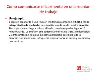 Como comunicarse eficazmente en una reunión
de trabajo
• Un ejemplo:
si alguien llega tarde a una reunión tendemos a confundir el hecho con la
interpretación de ese hecho que percibimos a la luz de nuestra emoción.
Si una persona no llega a la hora el hecho simple es que ha llegado 10
minutos tarde. La emoción que podemos sentir es de tristeza o decepción
y la Interpretación es lo que opinamos del hecho percibido y de la
emoción que sentimos al Interpretar u opinar sobre el hecho y la emoción
que sentimos.

 