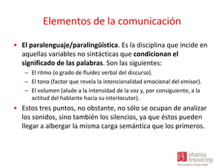 Elementos de la comunicación
• El paralenguaje/paralingüística. Es la disciplina que incide en
aquellas variables no sintácticas que condicionan el
significado de las palabras. Son las siguientes:
– El ritmo (o grado de fluidez verbal del discurso).
– El tono (factor que revela la intencionalidad emocional del emisor).
– El volumen (alude a la intensidad de la voz y, por consiguiente, a la
actitud del hablante hacia su interlocutor).

• Estos tres puntos, no obstante, no sólo se ocupan de analizar
los sonidos, sino también los silencios, ya que éstos pueden
llegar a albergar la misma carga semántica que los primeros.

 