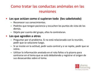 Como tratar las conductas anómalas en las
reuniones
• Los que actúan como si supieran todo (los sabelotodo)
– Reconocer sus conocimientos.
– Pedirles que tengan paciencia y escuchen los puntos de vista de los
demás.
– Déjelo por cuenta del grupo, ellos lo controlaran.

• Los que agreden a otros
– Preguntar por el problema. Si no está relacionado con la reunión,
pedir que se solucione luego.
– Si se insiste en la actitud, pedir auto control y si se repite, pedir que se
retire.
– Utilizar la información anotada en el rota folios o la pizarra para
centrarse en el tema que se está debatiendo y registrar el origen de
sus desacuerdos sobre el tema.

 
